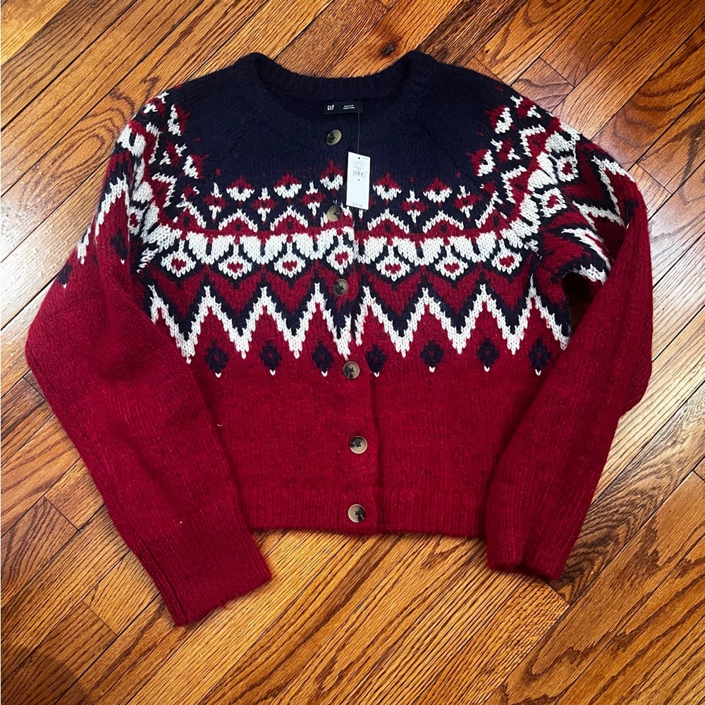 GAP Red Navy Fair Isle Wool Cardigan - Picture 3 of 8